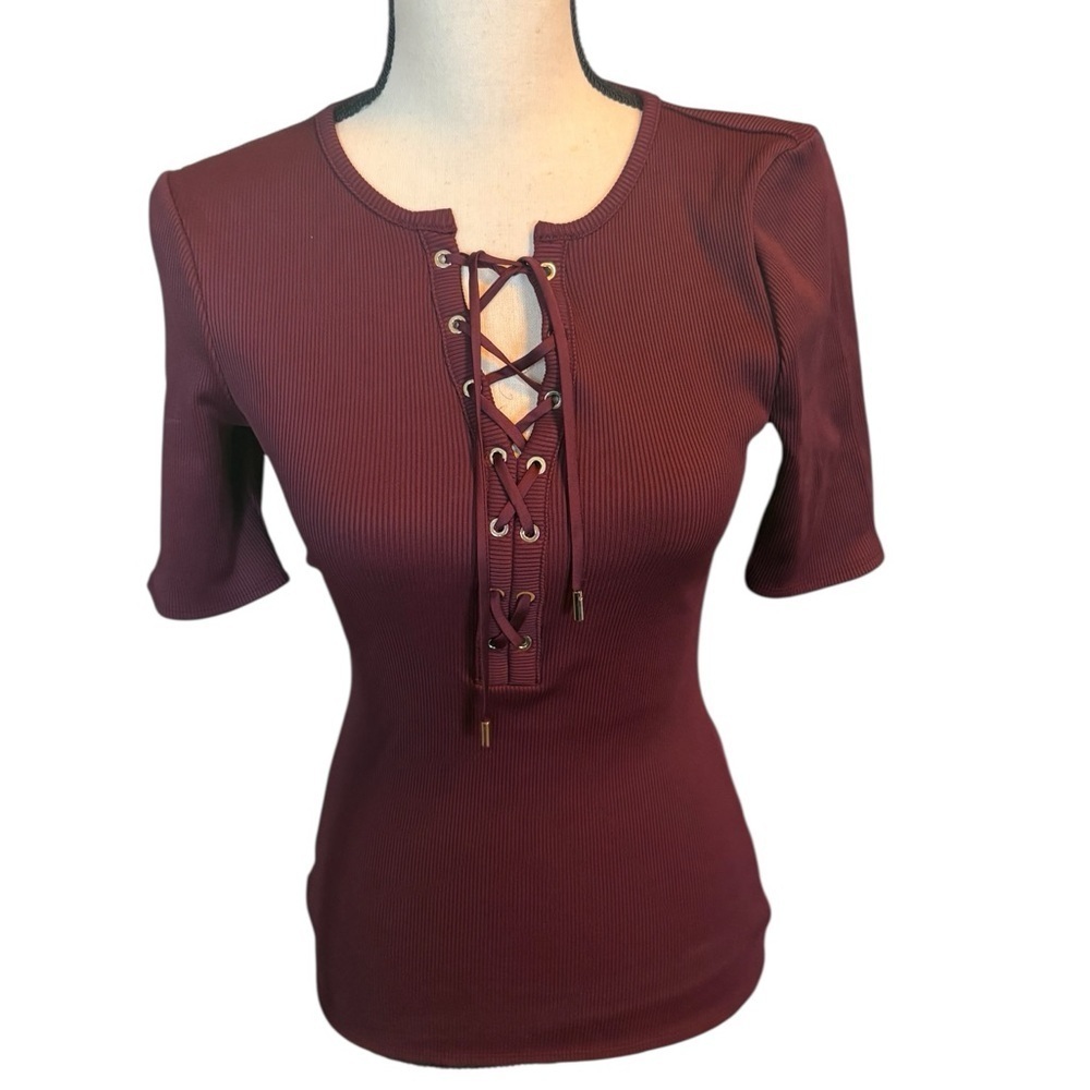 White House Black Market Maroon Lace-Up Tee